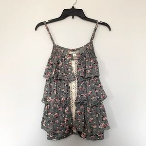 Teal-Gray Ruffled Tank Top with Cream Crochet Detail